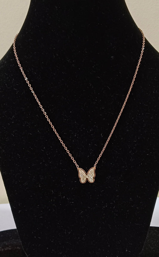 Rose Gold Plated Stone Accented Butterfly Pendant Stainless Steel Necklace