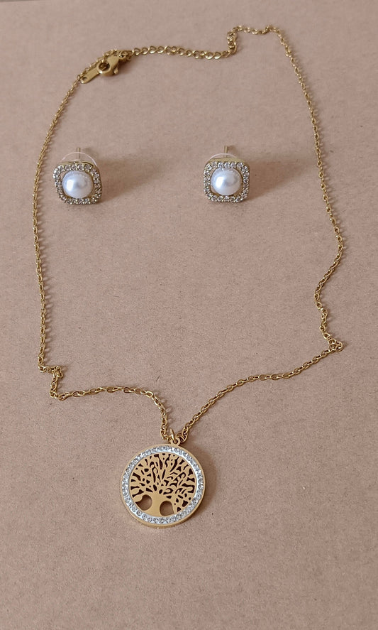 Golden Tree of Life Stainless Steel Necklace and gold Central Faux Pearl AD Stud Earring Set