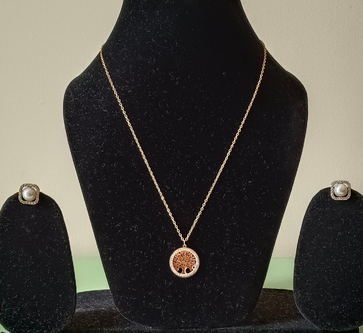 Golden Tree of Life Stainless Steel Necklace and gold Central Faux Pearl AD Stud Earring Set