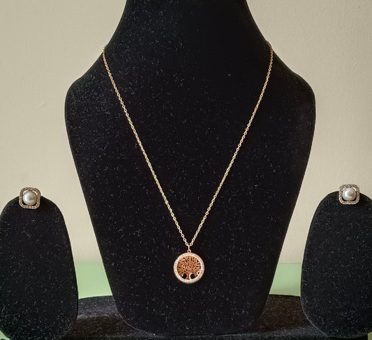 Golden Tree of Life Stainless Steel Necklace and gold Central Faux Pearl AD Stud Earring Set