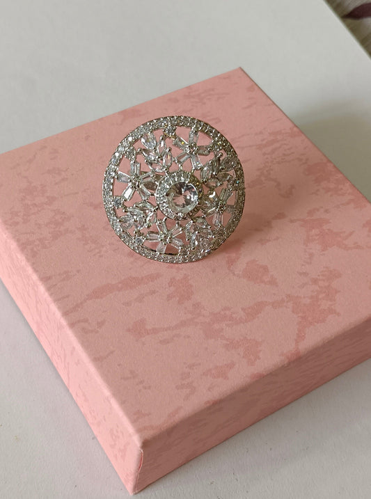 American Diamond Brass Zircon Silver Plated Ring