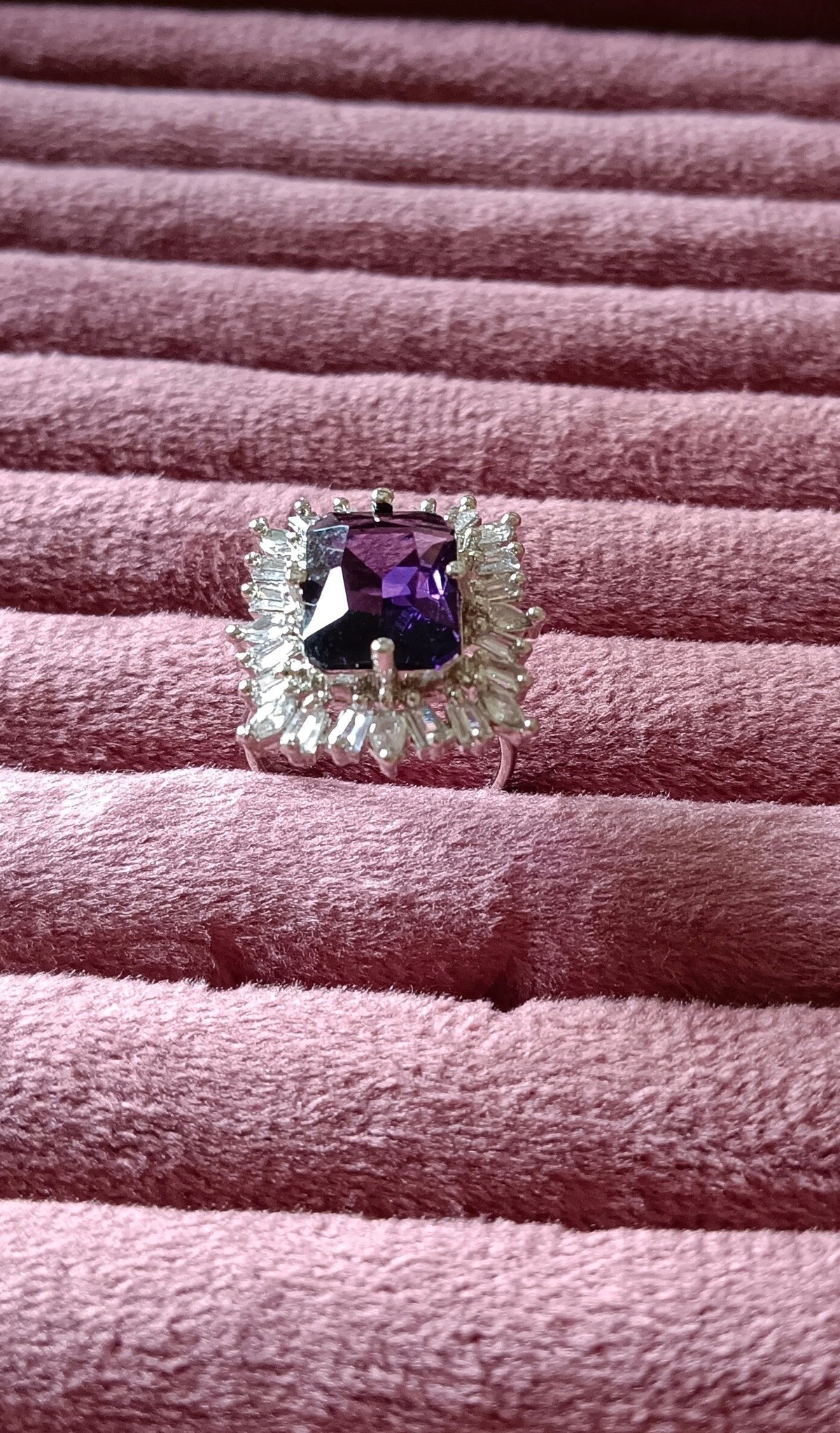 Silver-Plated Brass Purple Onyx and CZ American Diamond Adjustable Ring
