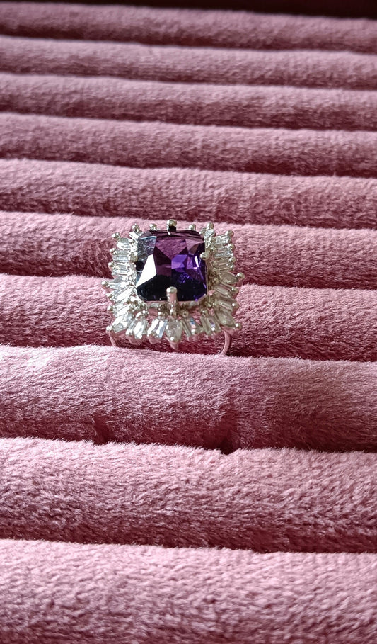 Silver-Plated Brass Purple Onyx and CZ American Diamond Adjustable Ring