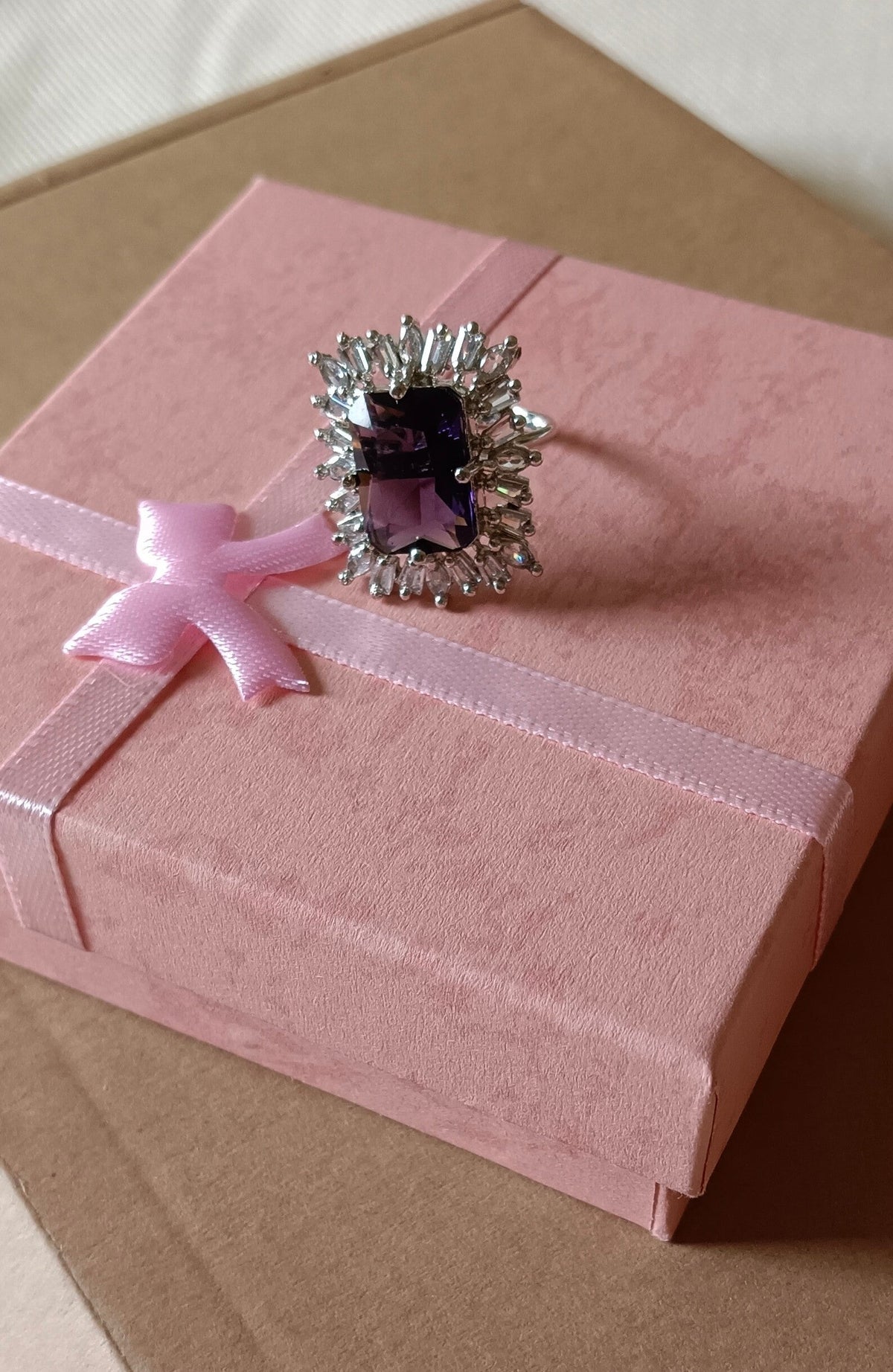 Silver-Plated Brass Purple Onyx and CZ American Diamond Adjustable Ring