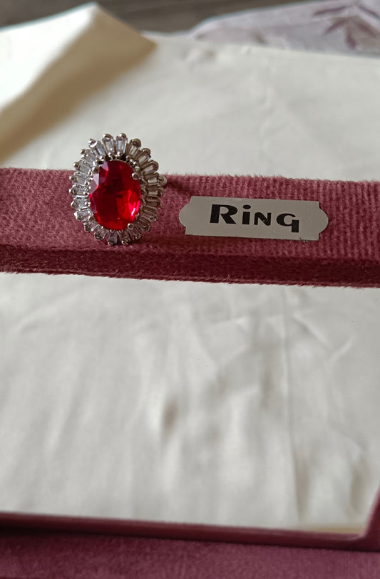 Silver-Plated Brass Red Oval Stone and CZ American Diamond Adjustable Ring