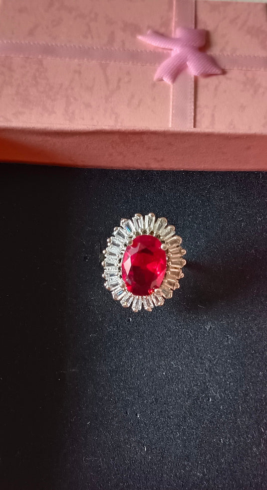 Silver-Plated Brass Red Oval Stone and CZ American Diamond Adjustable Ring