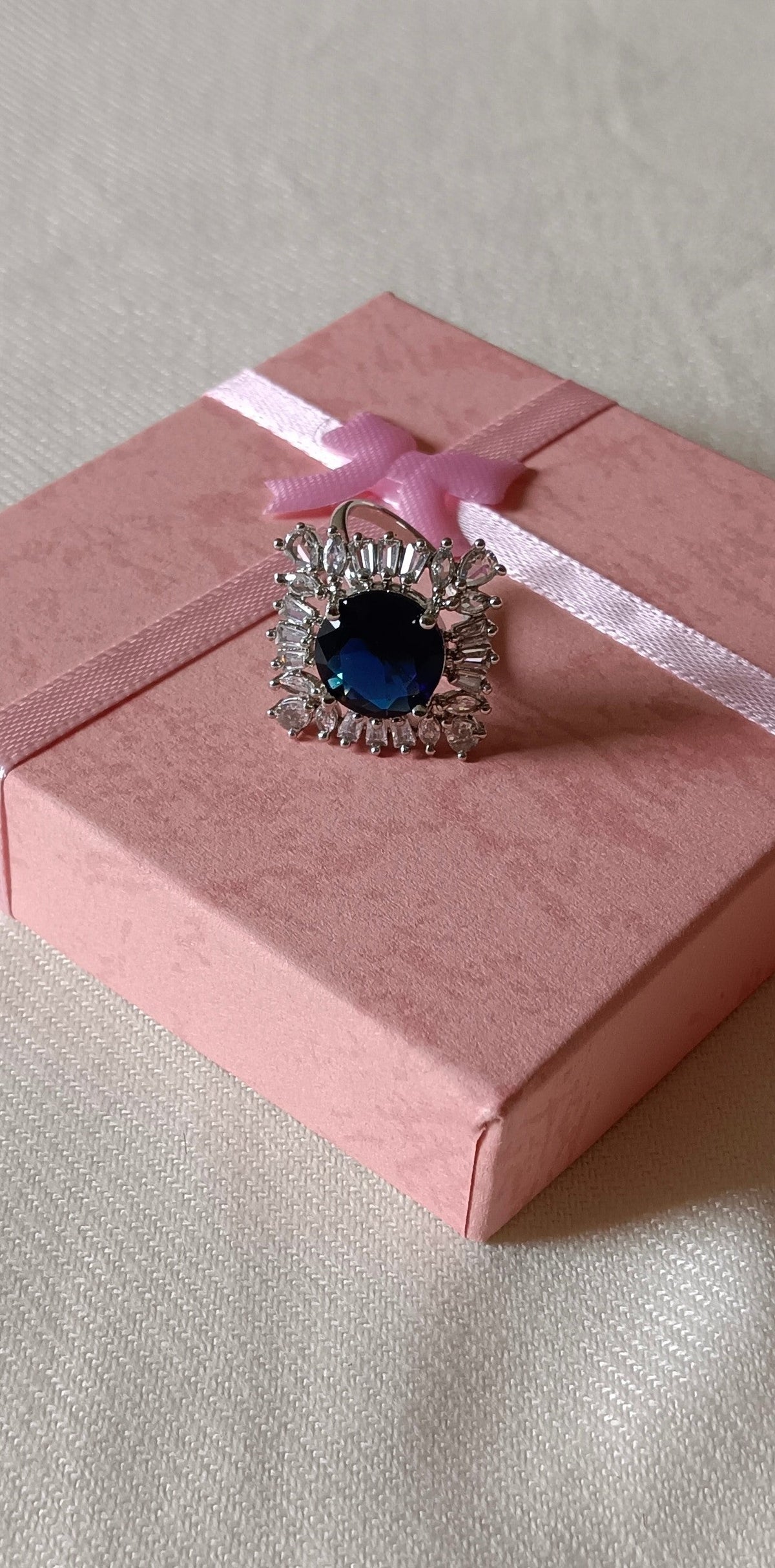 Silver-Plated Brass Blue Round Stone and CZ American Diamond Adjustable Ring