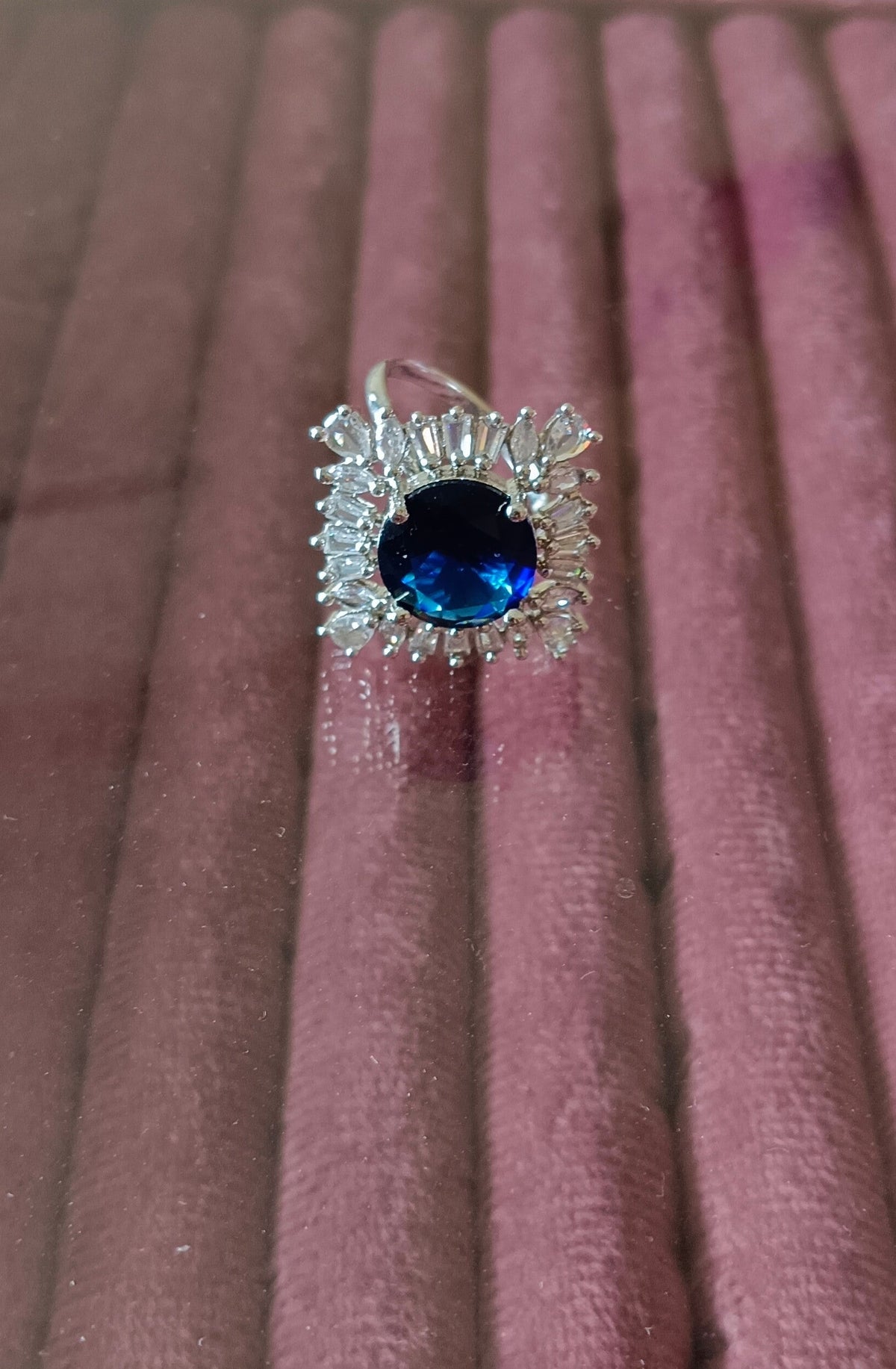 Silver-Plated Brass Blue Round Stone and CZ American Diamond Adjustable Ring
