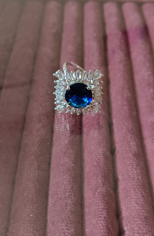 Silver-Plated Brass Blue Round Stone and CZ American Diamond Adjustable Ring