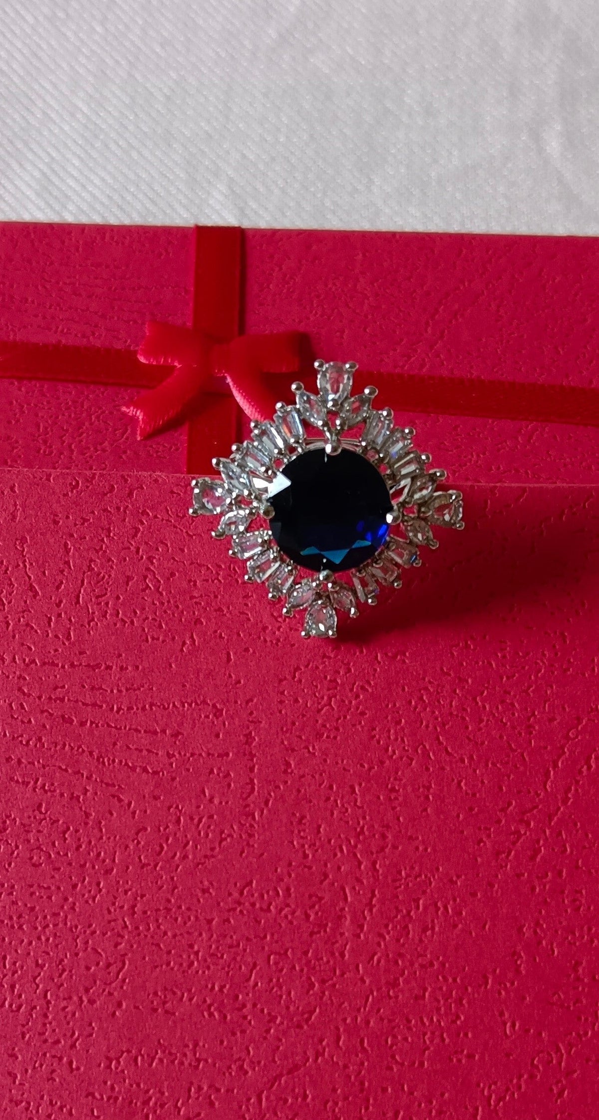 Silver-Plated Brass Blue Round Stone and CZ American Diamond Adjustable Ring