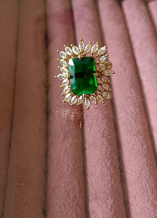 American Diamond Emerald Cut Stone Mehndi CZ Adjustable Ring