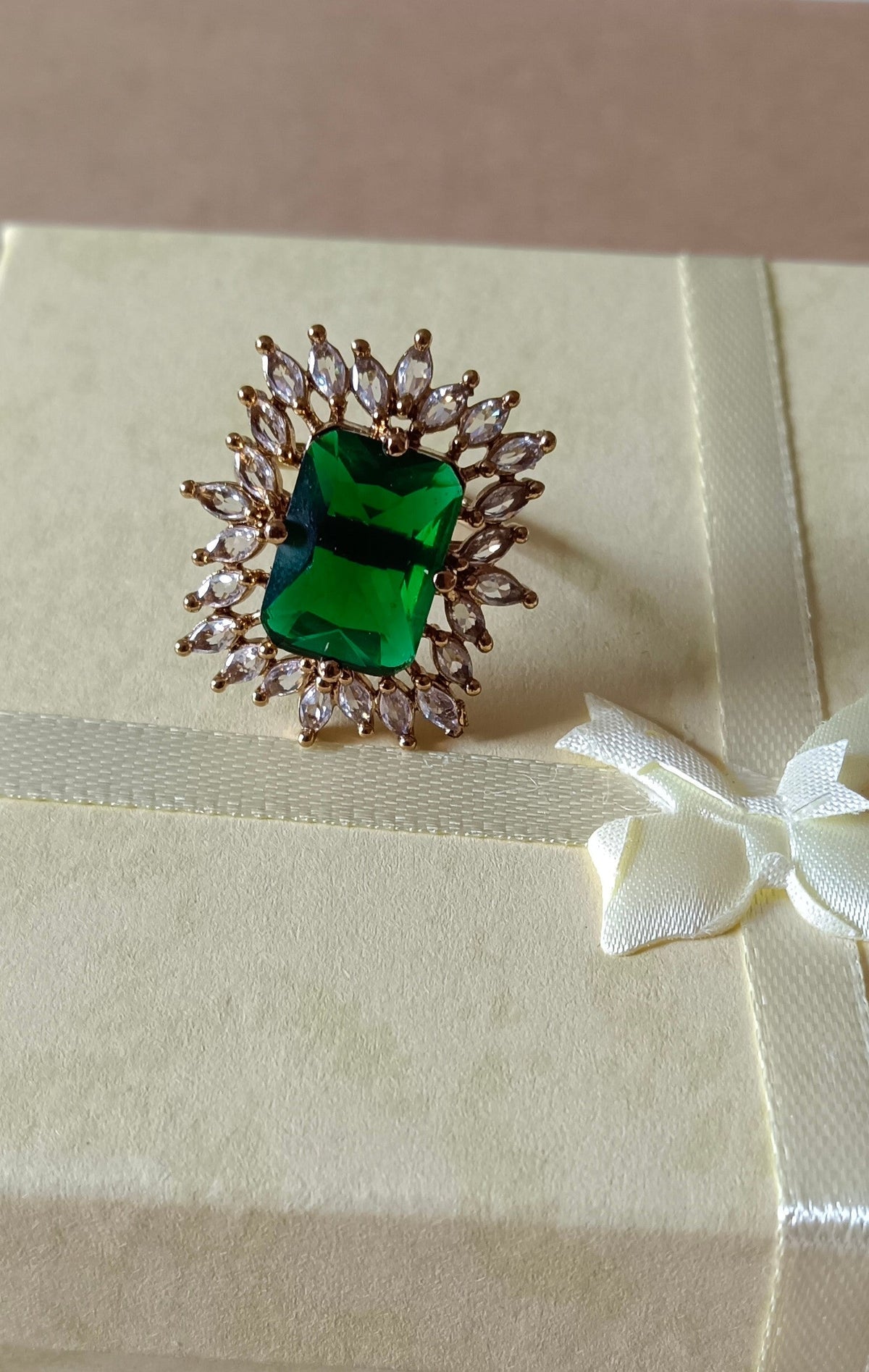 American Diamond Emerald Cut Stone Mehndi CZ Adjustable Ring