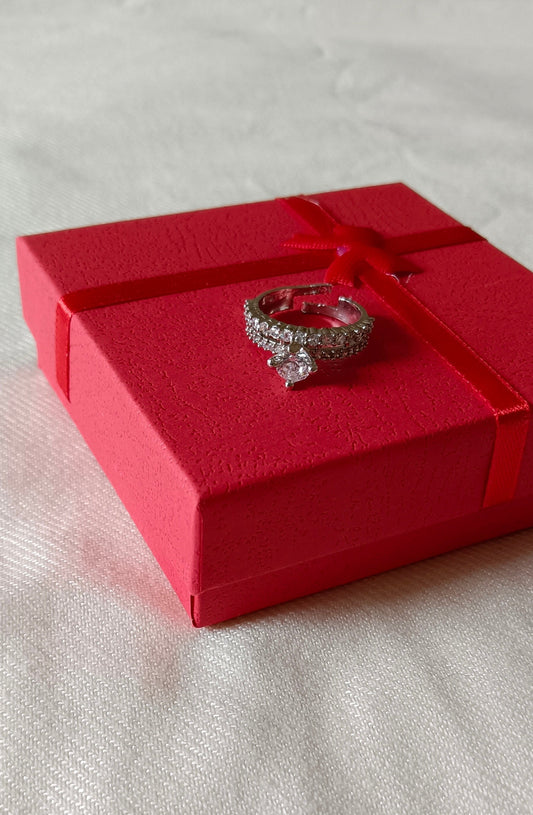 Silver-Plated & White AD Studded Square Solitaire Finger Ring