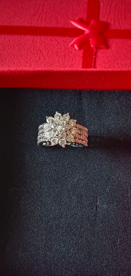 Silver-Plated & White AD Studded Flower Shaped Solitaire Premium Ring