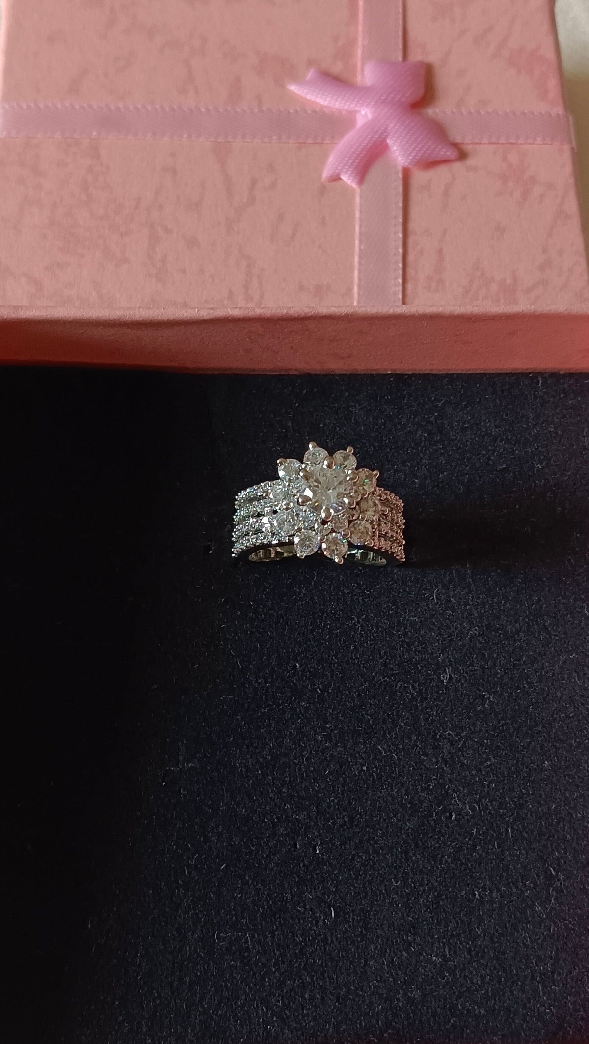 Silver-Plated & White AD Studded Flower Shaped Solitaire Premium Ring