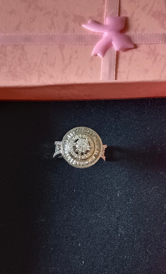 Silver-Plated & White AD Studded Queen Shaped Solitaire Premium Ring
