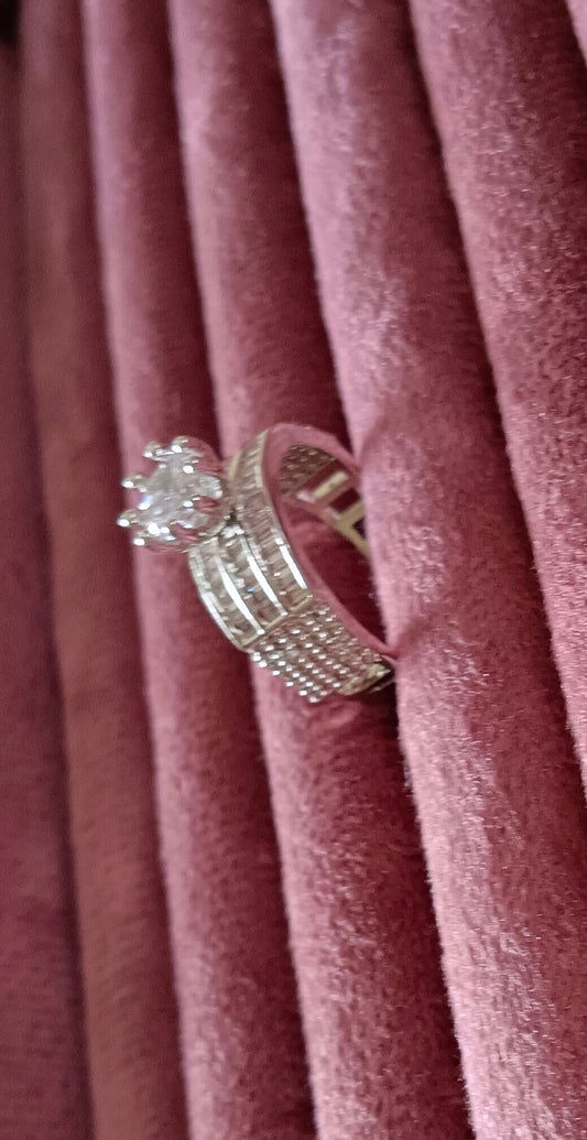 Silver-Plated & White AD Studded Round Shaped Solitaire Premium Ring