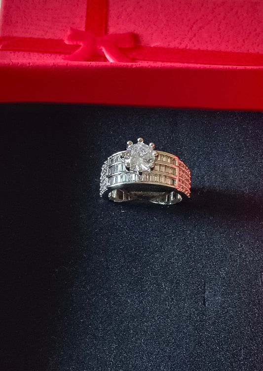 Silver-Plated & White AD Studded Round Shaped Solitaire Premium Ring