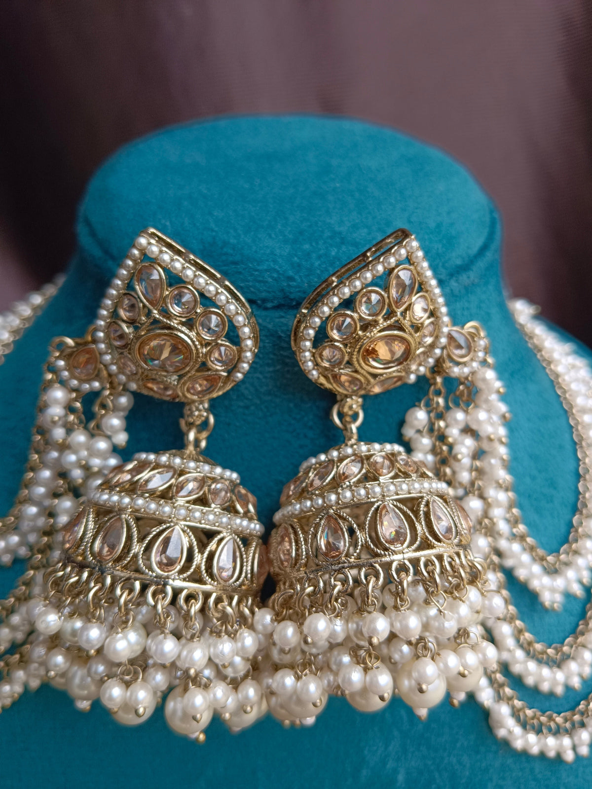 Golden Bahubali Kundan Studded Three Layer Kanchain with White Beads