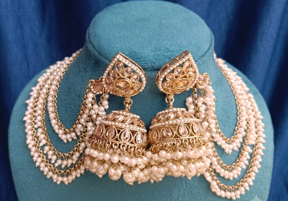 Golden Bahubali Kundan Studded Three Layer Kanchain with White Beads