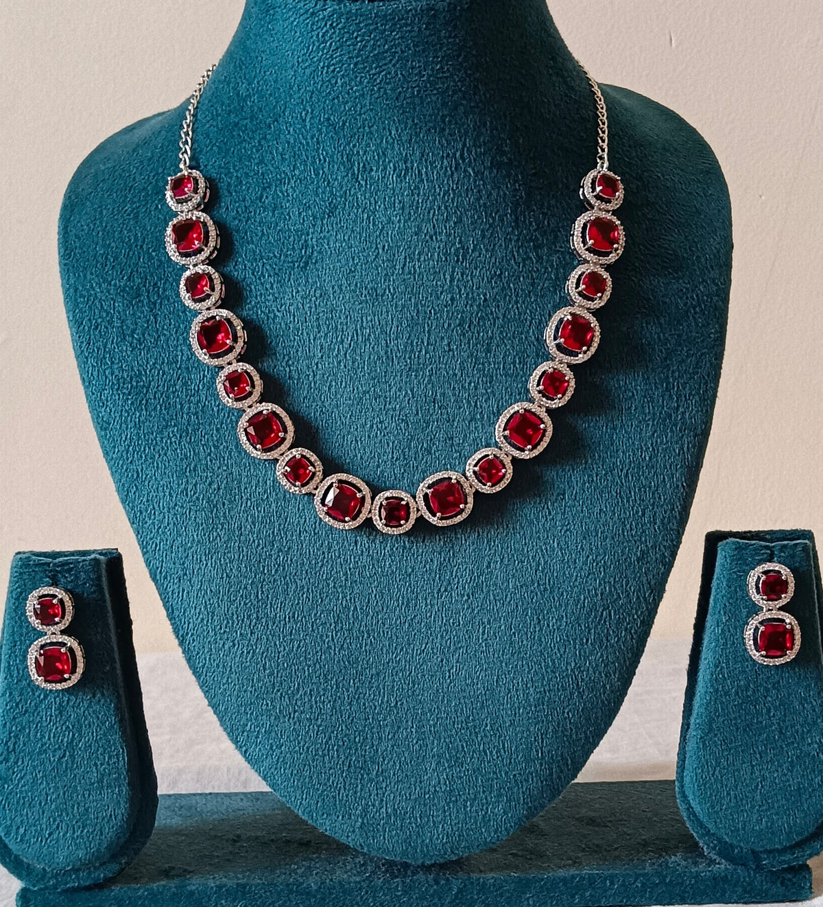 Ruby Red American Diamond Rhodium Plated Single Layer AD Necklace Set