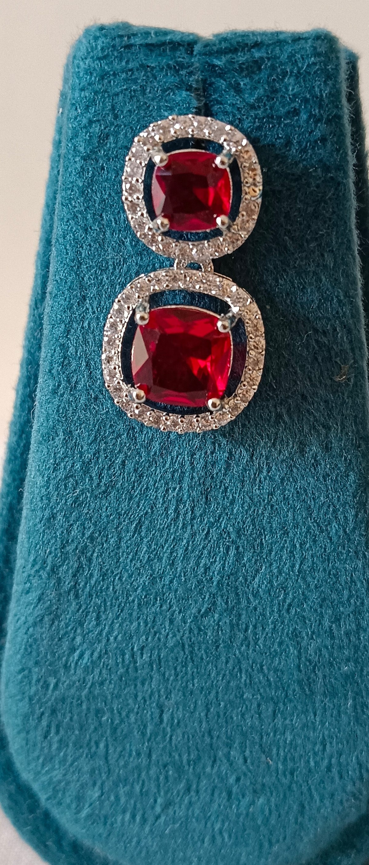 Ruby Red American Diamond Rhodium Plated Single Layer AD Necklace Set