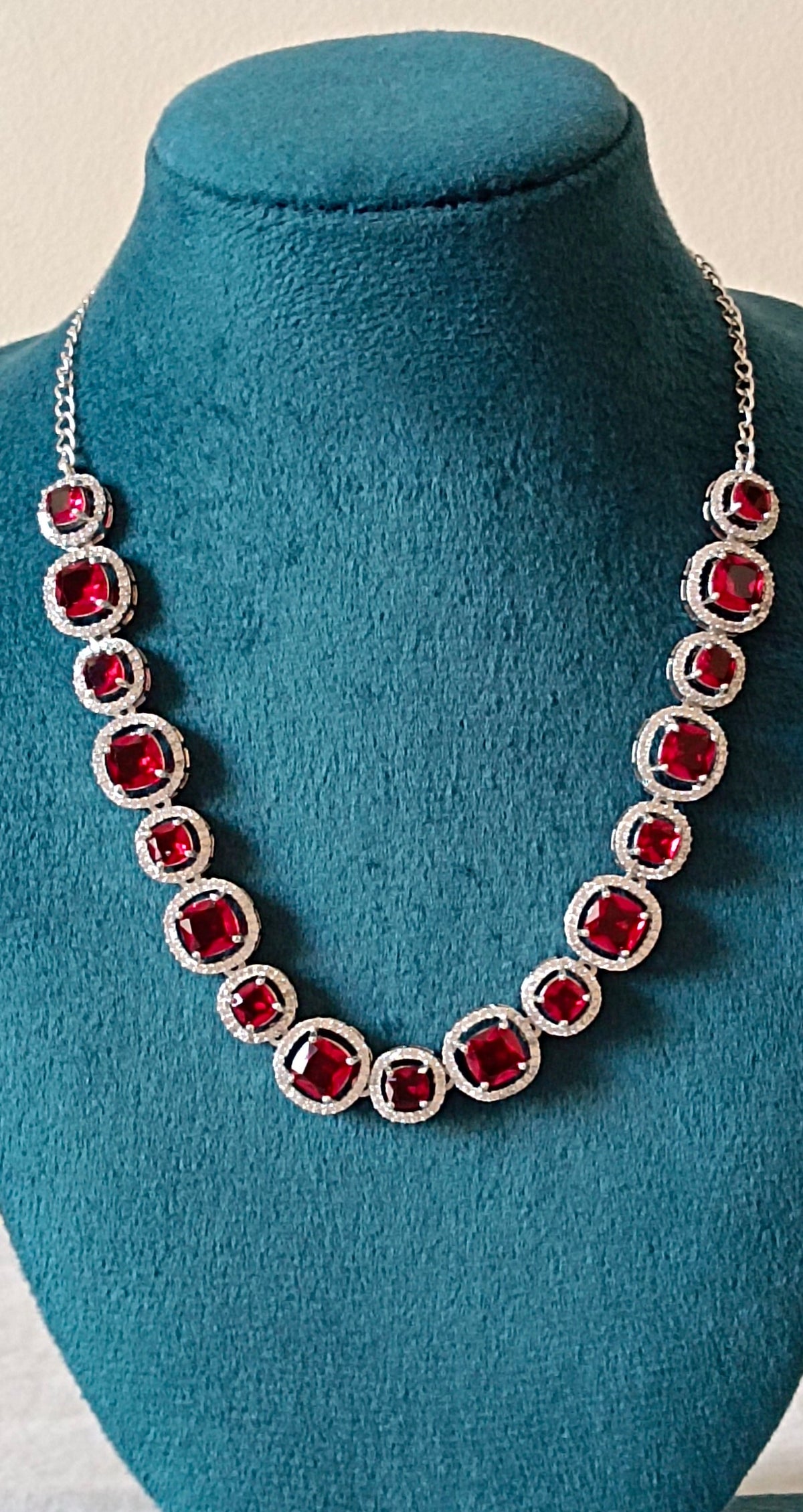 Ruby Red American Diamond Rhodium Plated Single Layer AD Necklace Set