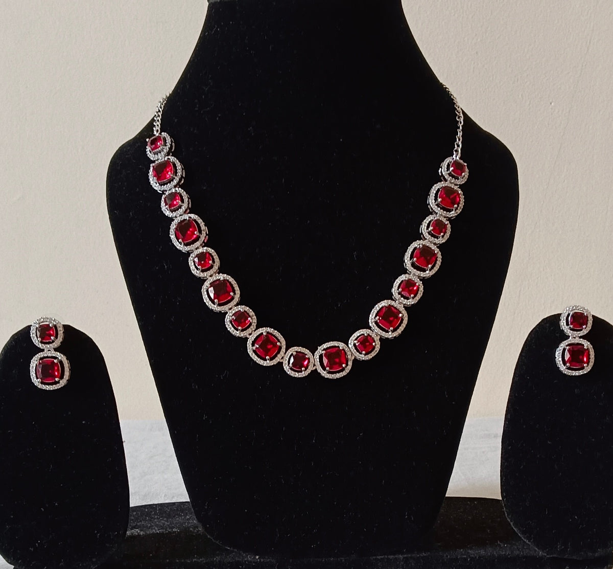 Ruby Red American Diamond Rhodium Plated Single Layer AD Necklace Set