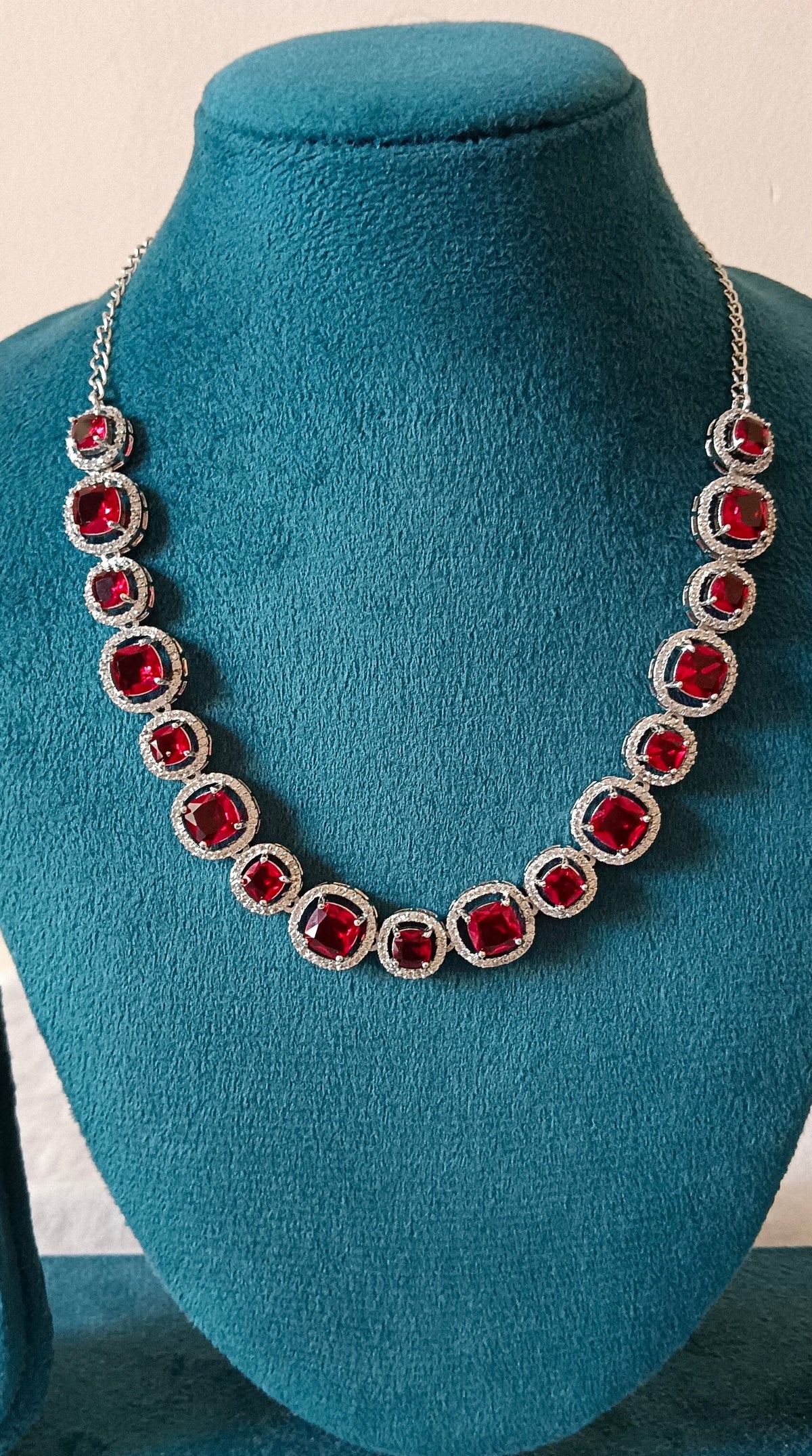 Ruby Red American Diamond Rhodium Plated Single Layer AD Necklace Set