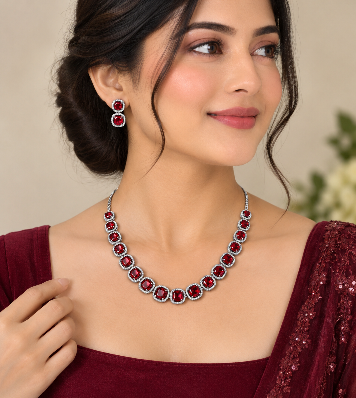 Ruby Red American Diamond Rhodium Plated Single Layer AD Necklace Set