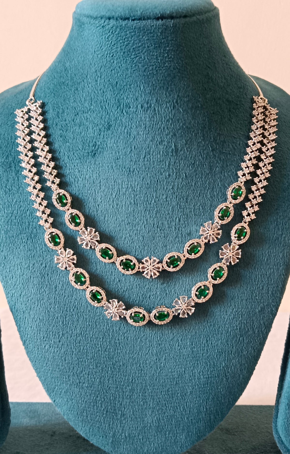 Double Layer American Diamond Oval Cut Emerald Green Crystal AD Necklace Set