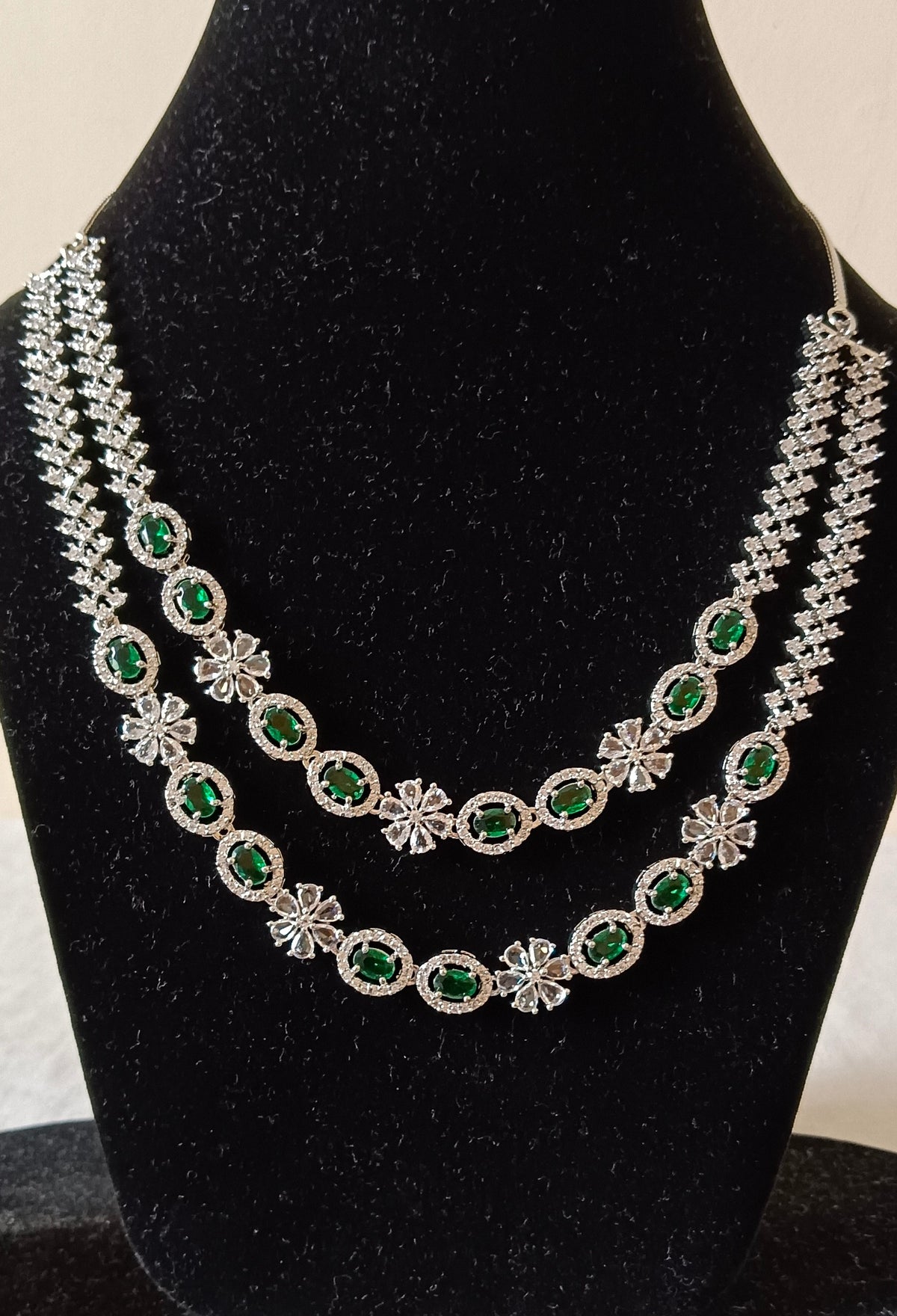 Double Layer American Diamond Oval Cut Emerald Green Crystal AD Necklace Set