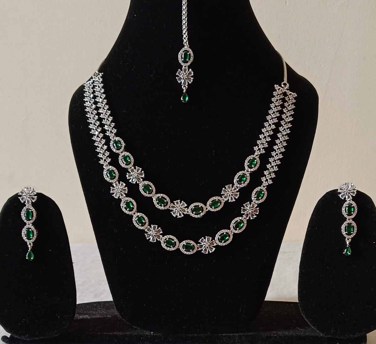 Double Layer American Diamond Oval Cut Emerald Green Crystal AD Necklace Set