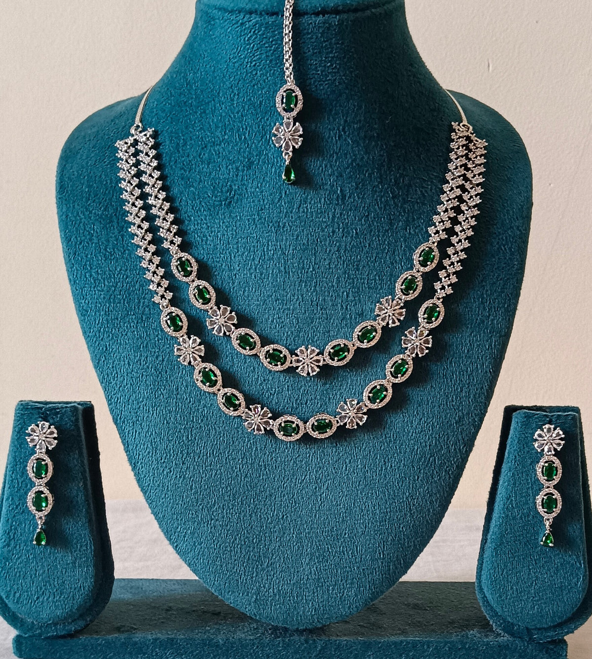 Double Layer American Diamond Oval Cut Emerald Green Crystal AD Necklace Set