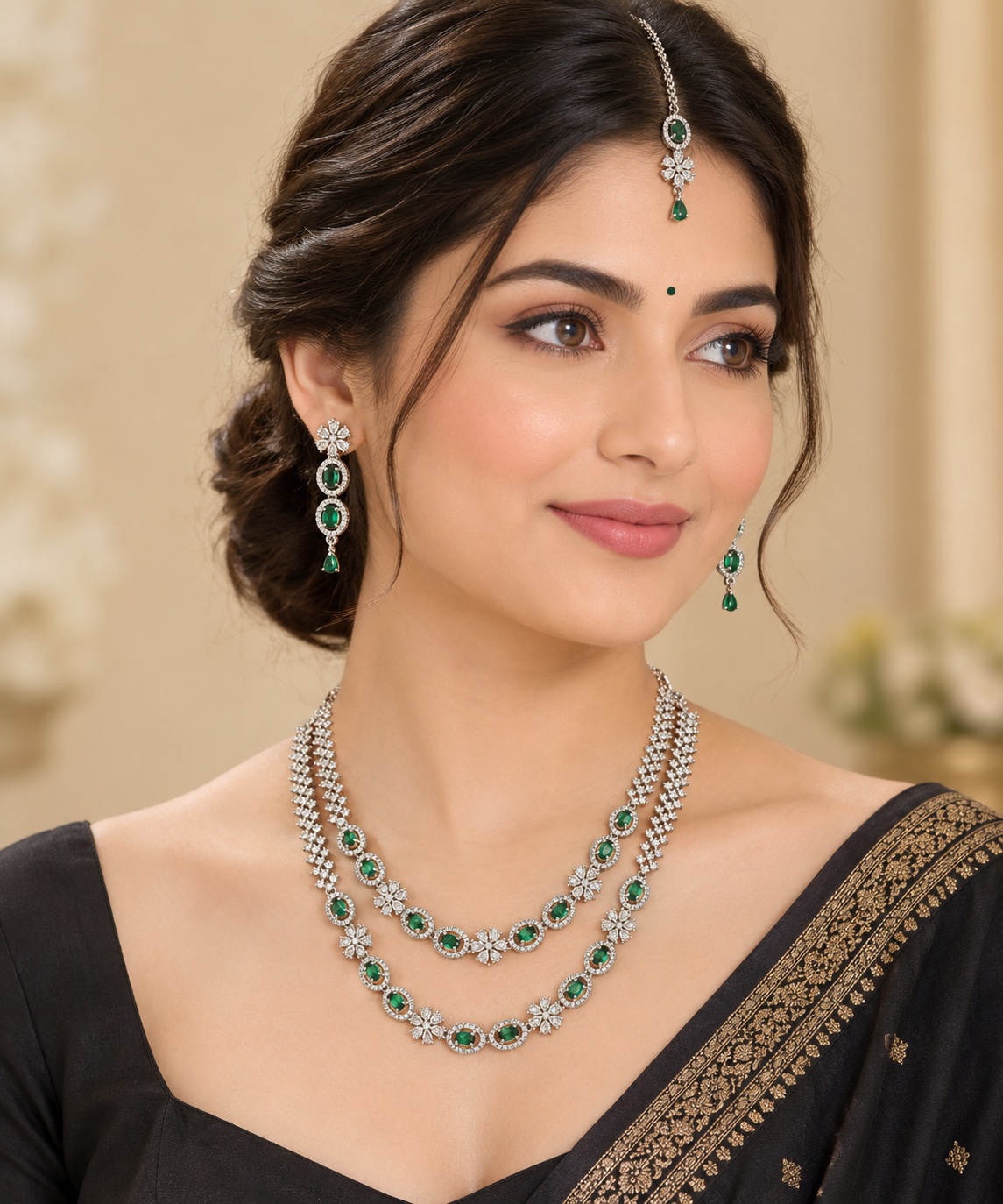 Double Layer American Diamond Oval Cut Emerald Green Crystal AD Necklace Set