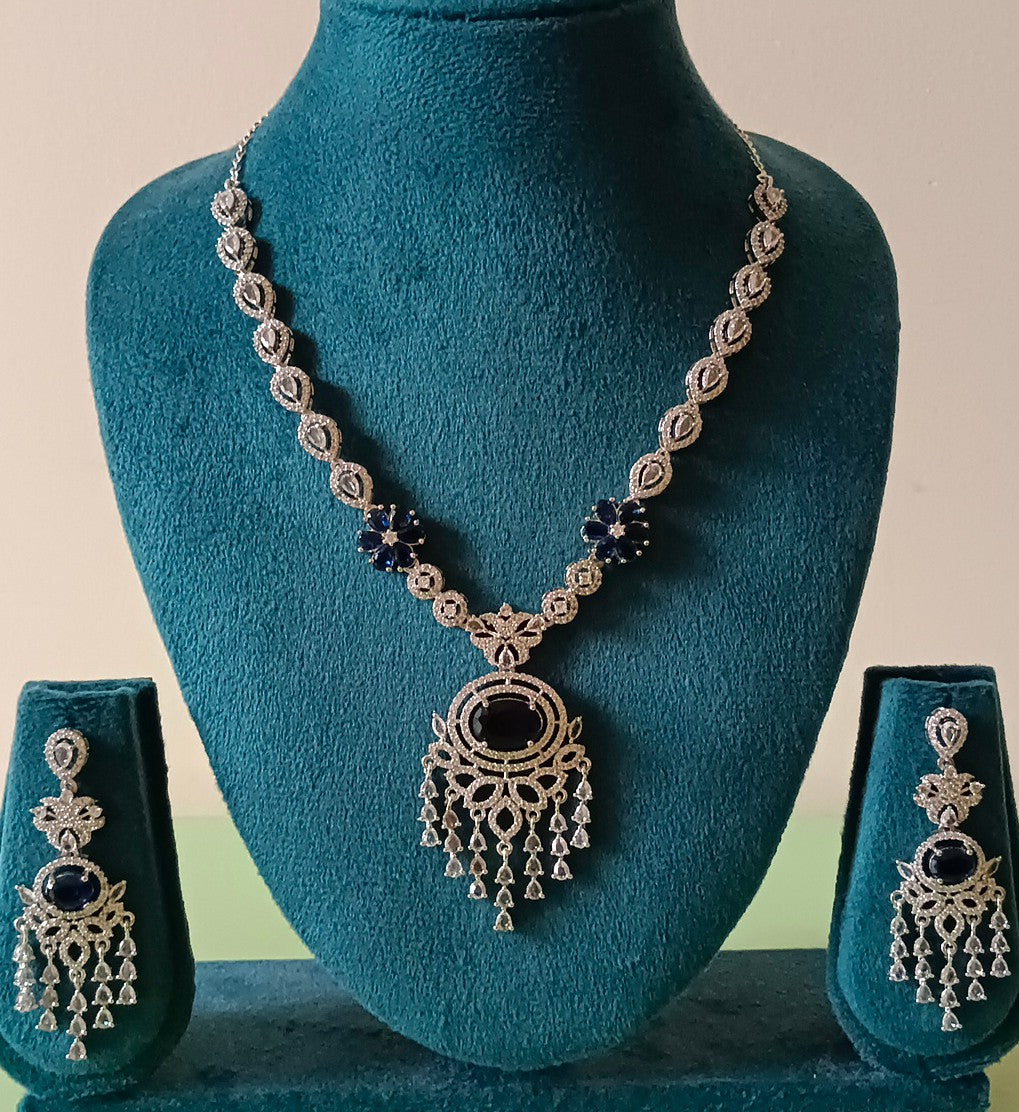 AD Single layer Oval cut Blue Sapphire crystal Floral necklace set