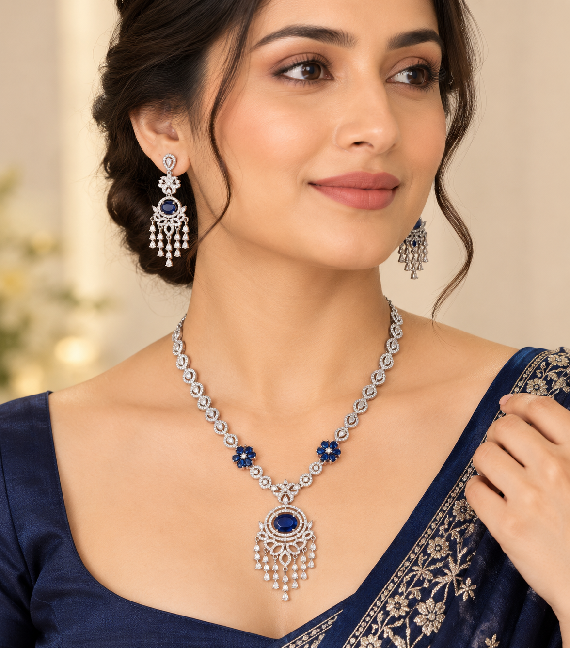 AD Single layer Oval cut Blue Sapphire crystal Floral necklace set