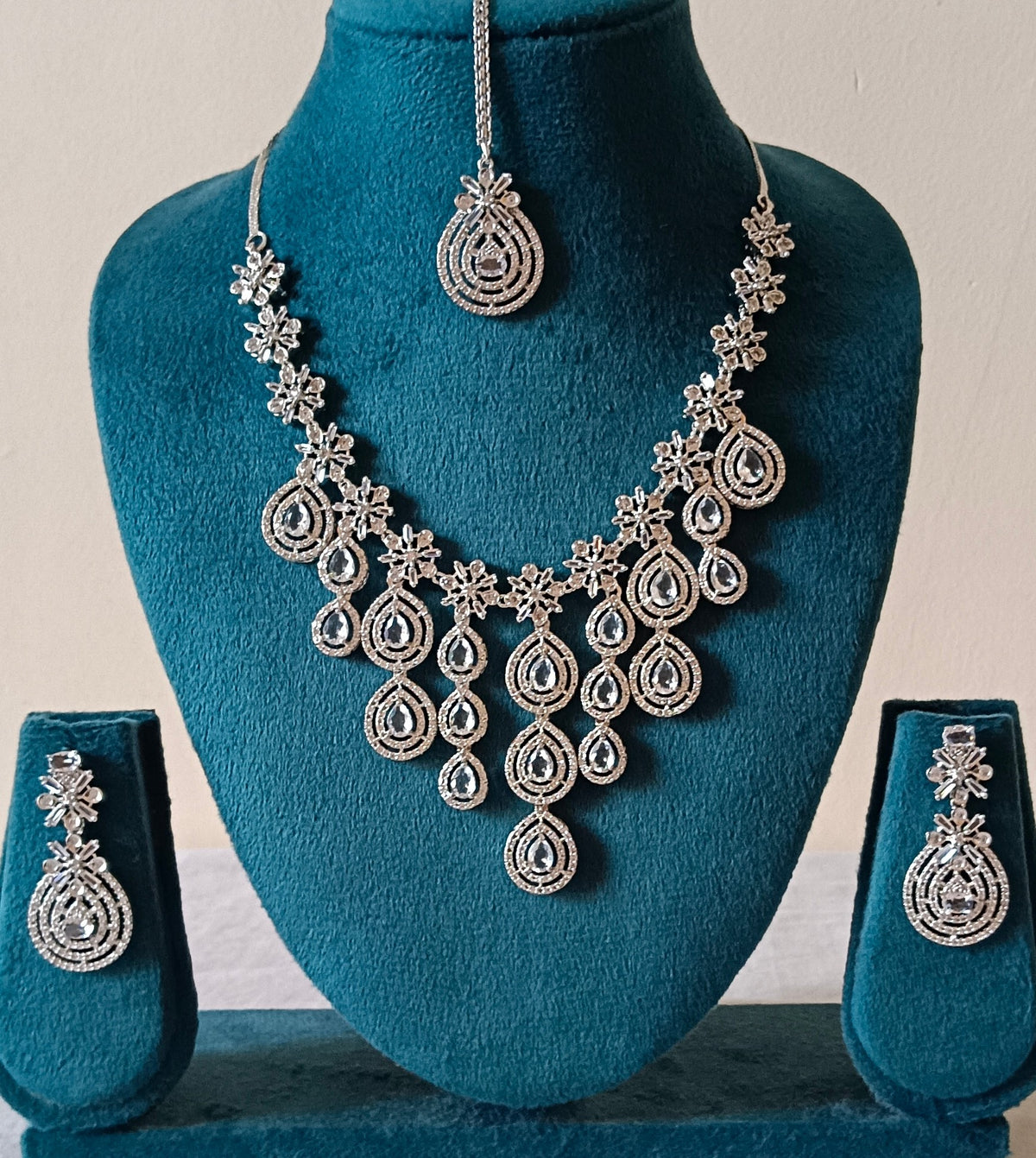 AD silver plated tiered V shaped with tear-drop Faux White stone Necklace Set