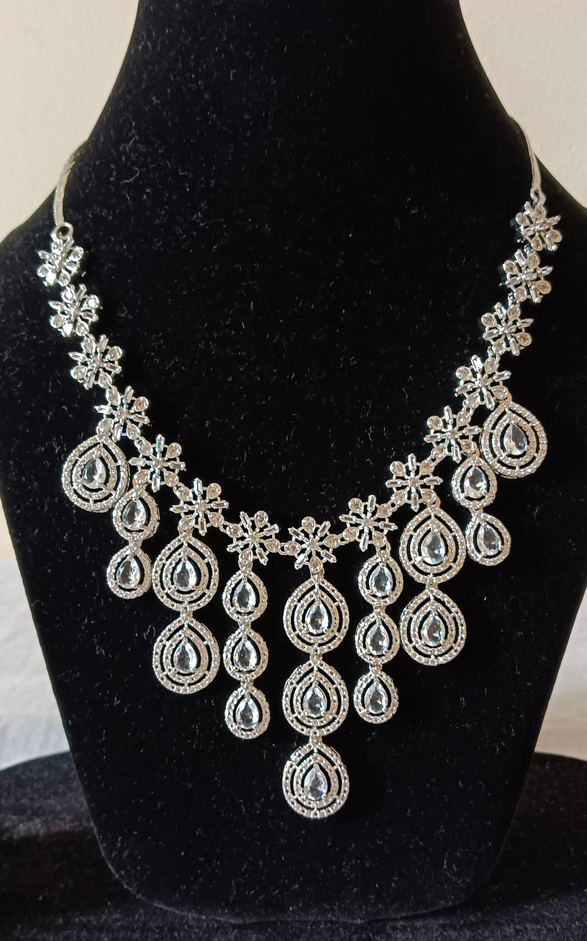 AD silver plated tiered V shaped with tear-drop Faux White stone Necklace Set