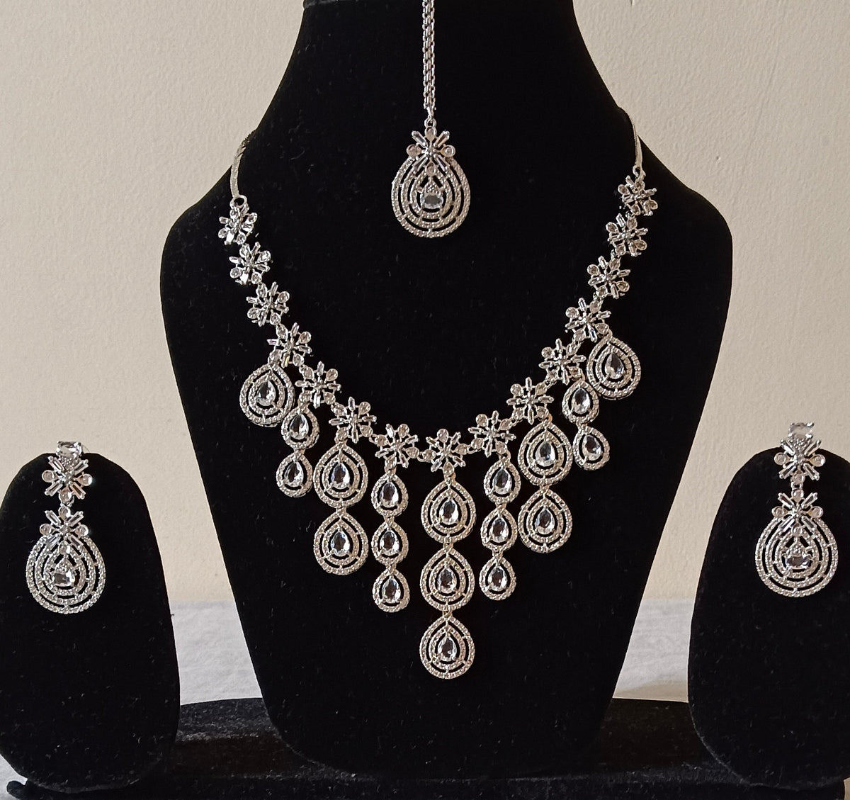 AD silver plated tiered V shaped with tear-drop Faux White stone Necklace Set
