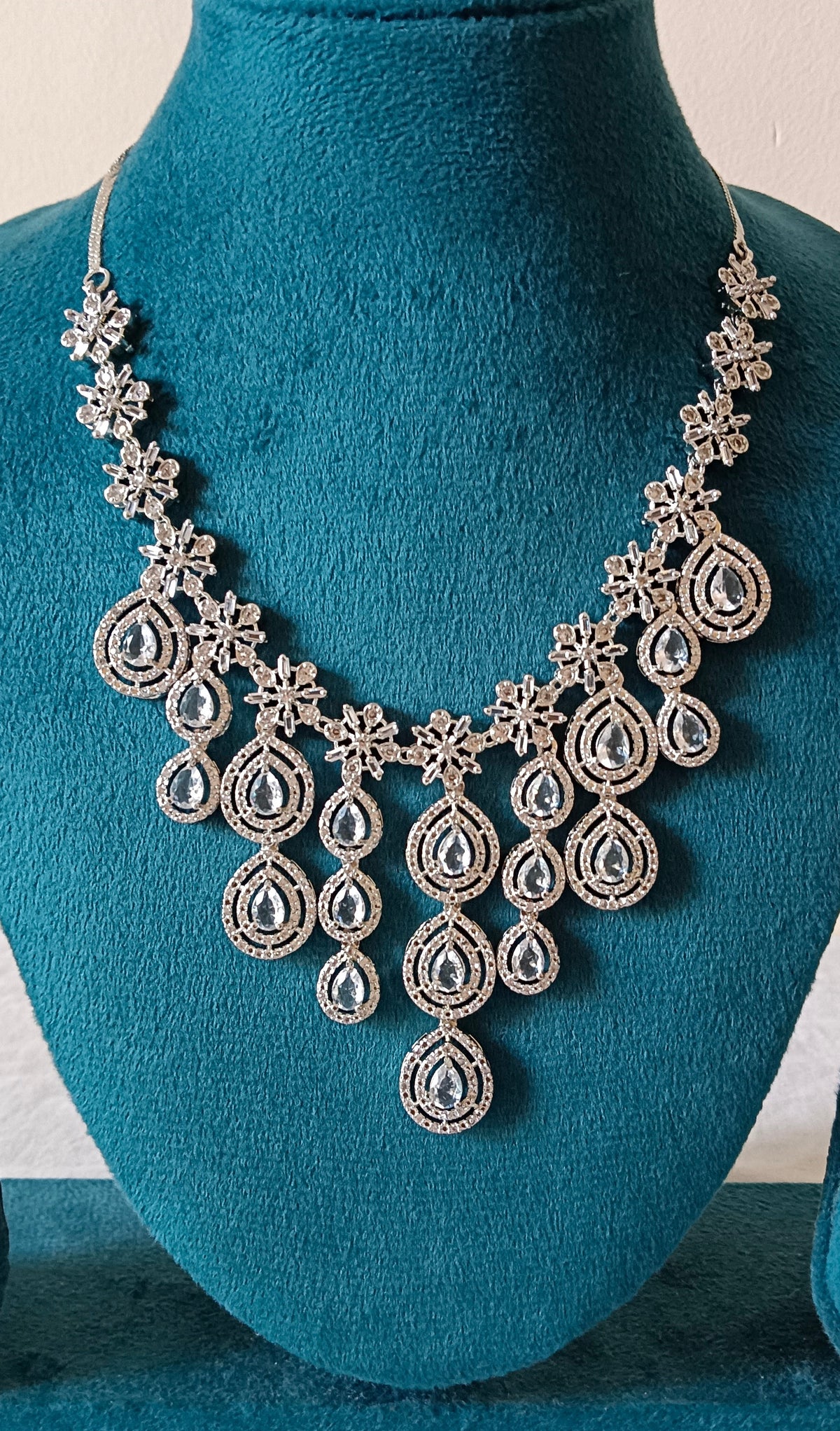 AD silver plated tiered V shaped with tear-drop Faux White stone Necklace Set