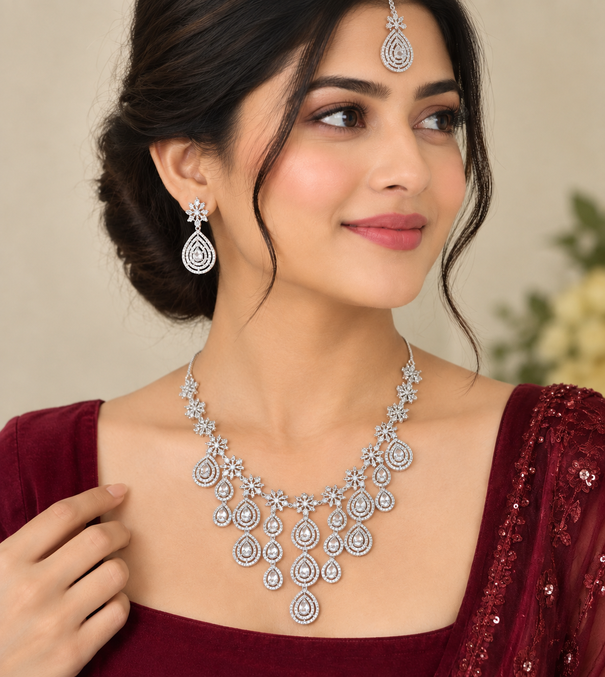 AD silver plated tiered V shaped with tear-drop Faux White stone Necklace Set
