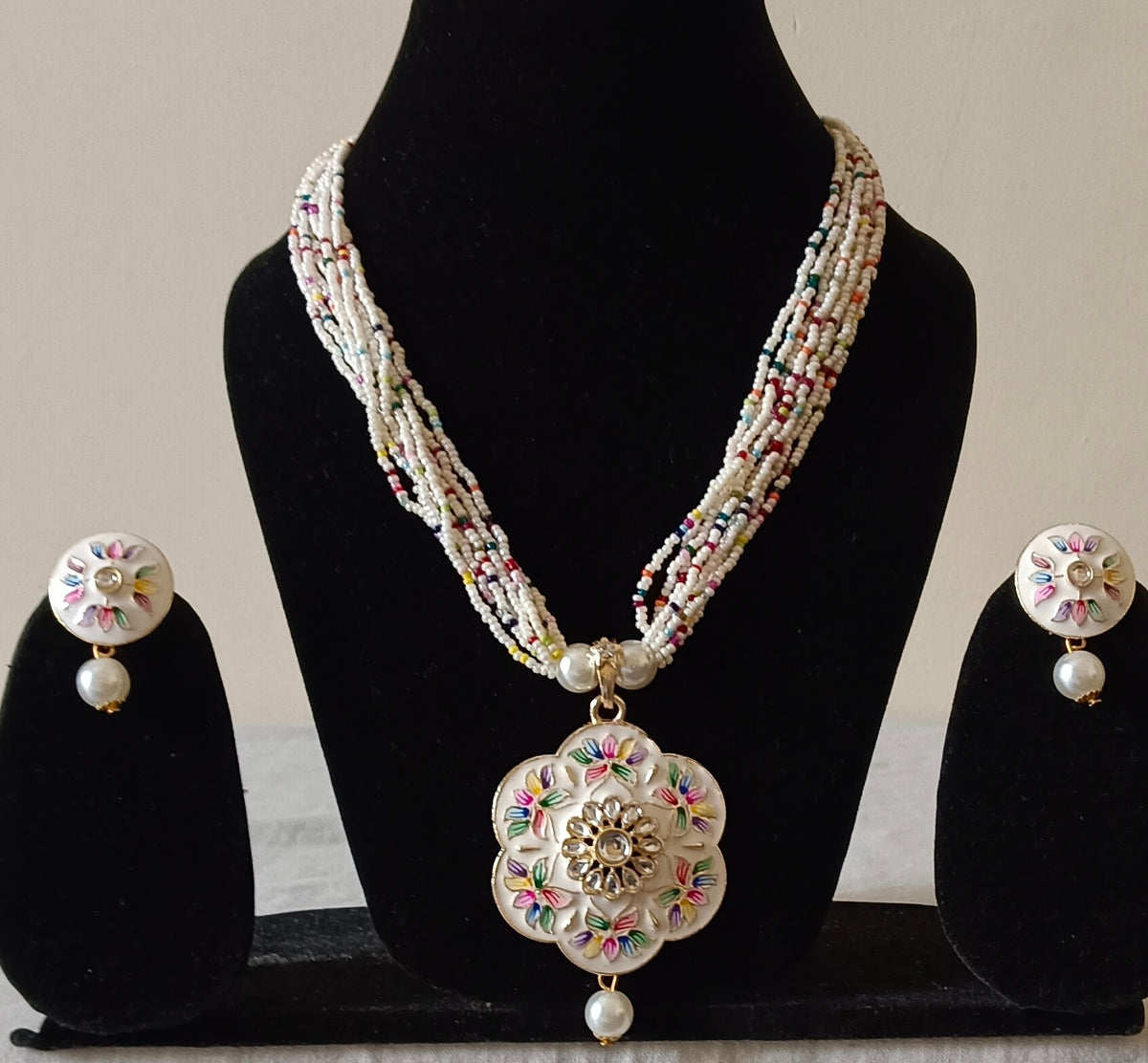 White Meenakari Multi-Strand Beaded Floral-Shaped Pendant Necklace Set with Stud earrings