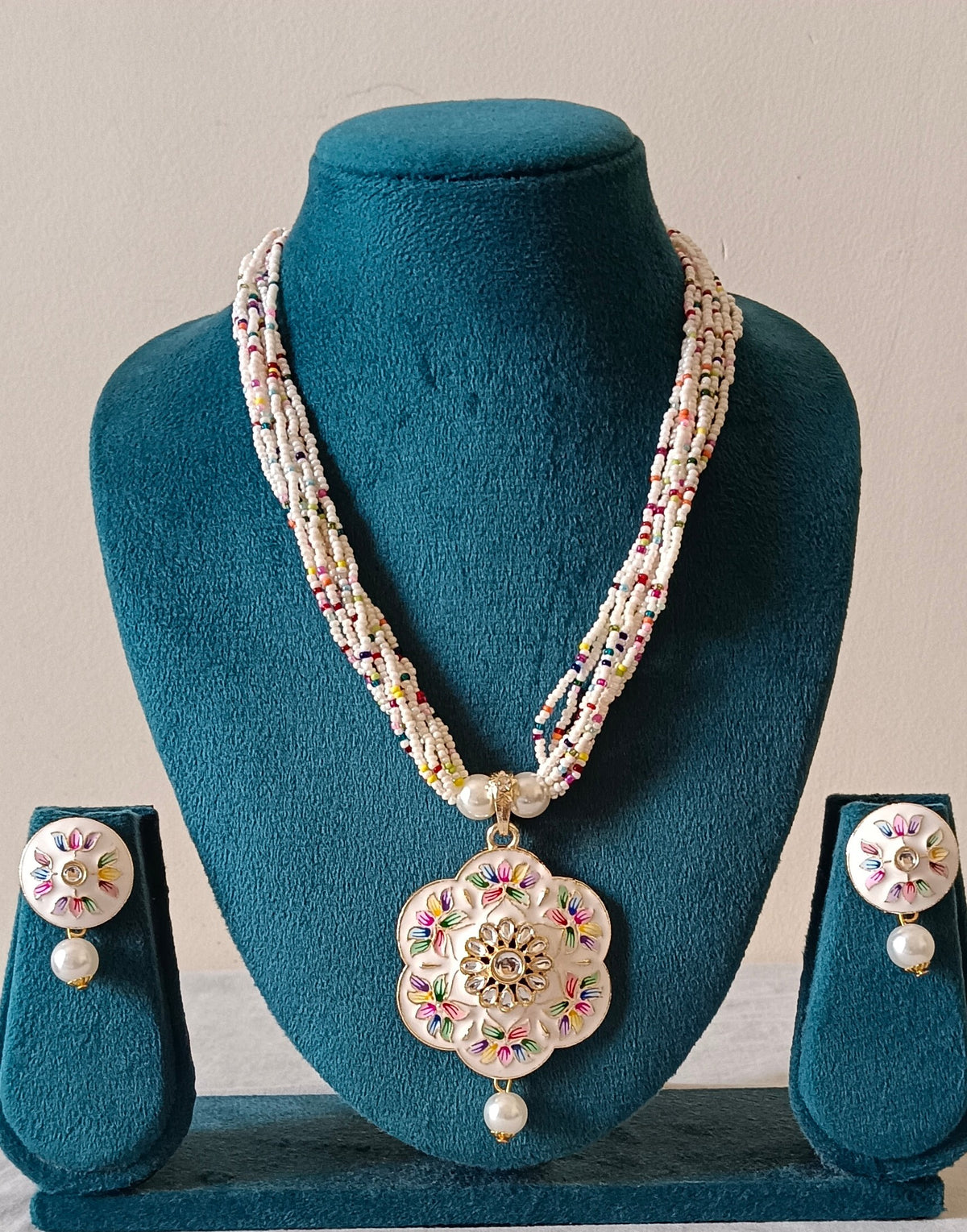 White Meenakari Multi-Strand Beaded Floral-Shaped Pendant Necklace Set with Stud earrings