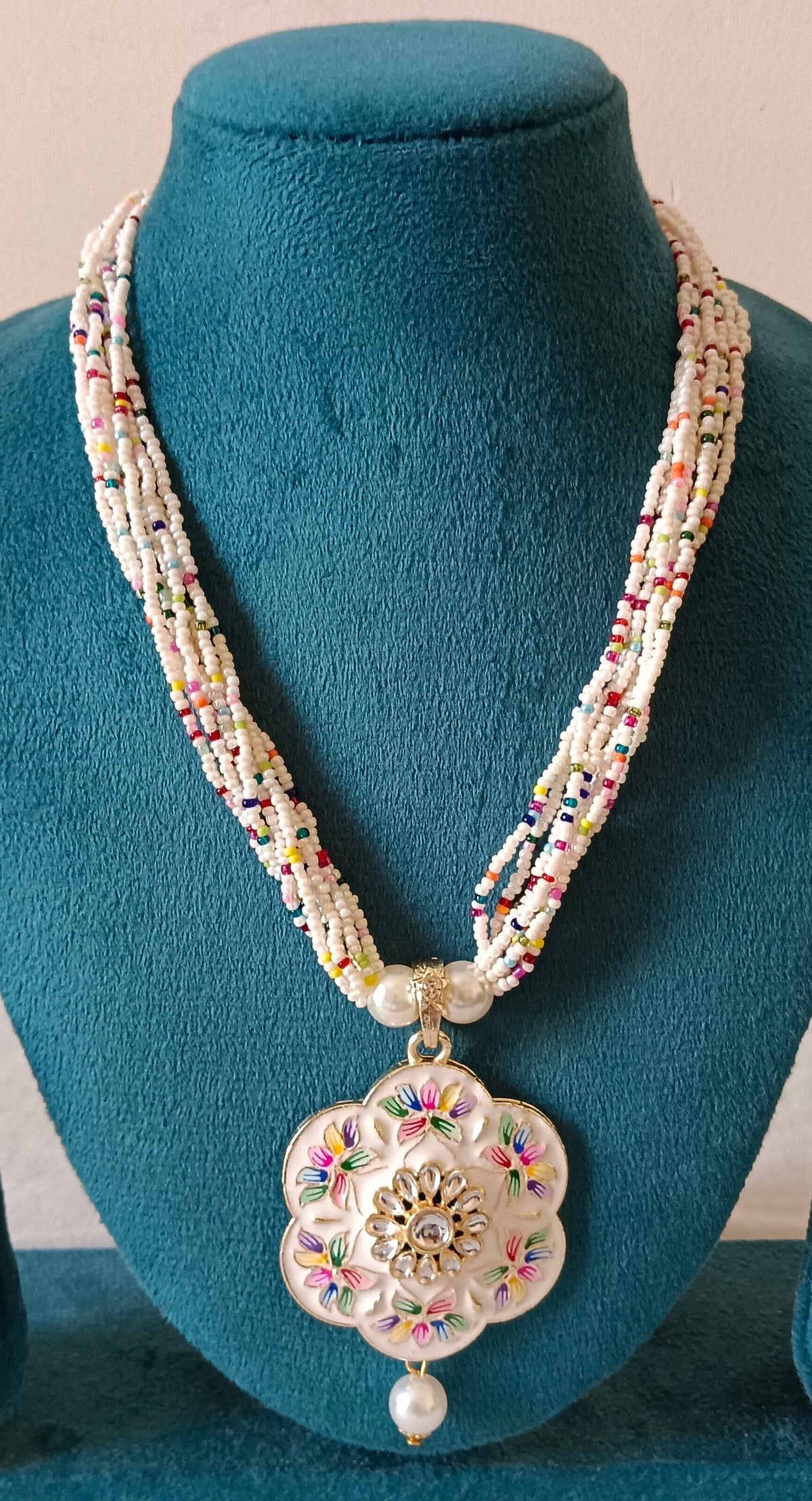 White Meenakari Multi-Strand Beaded Floral-Shaped Pendant Necklace Set with Stud earrings