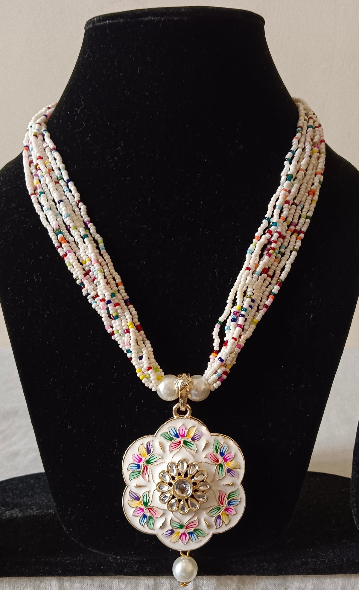 White Meenakari Multi-Strand Beaded Floral-Shaped Pendant Necklace Set with Stud earrings