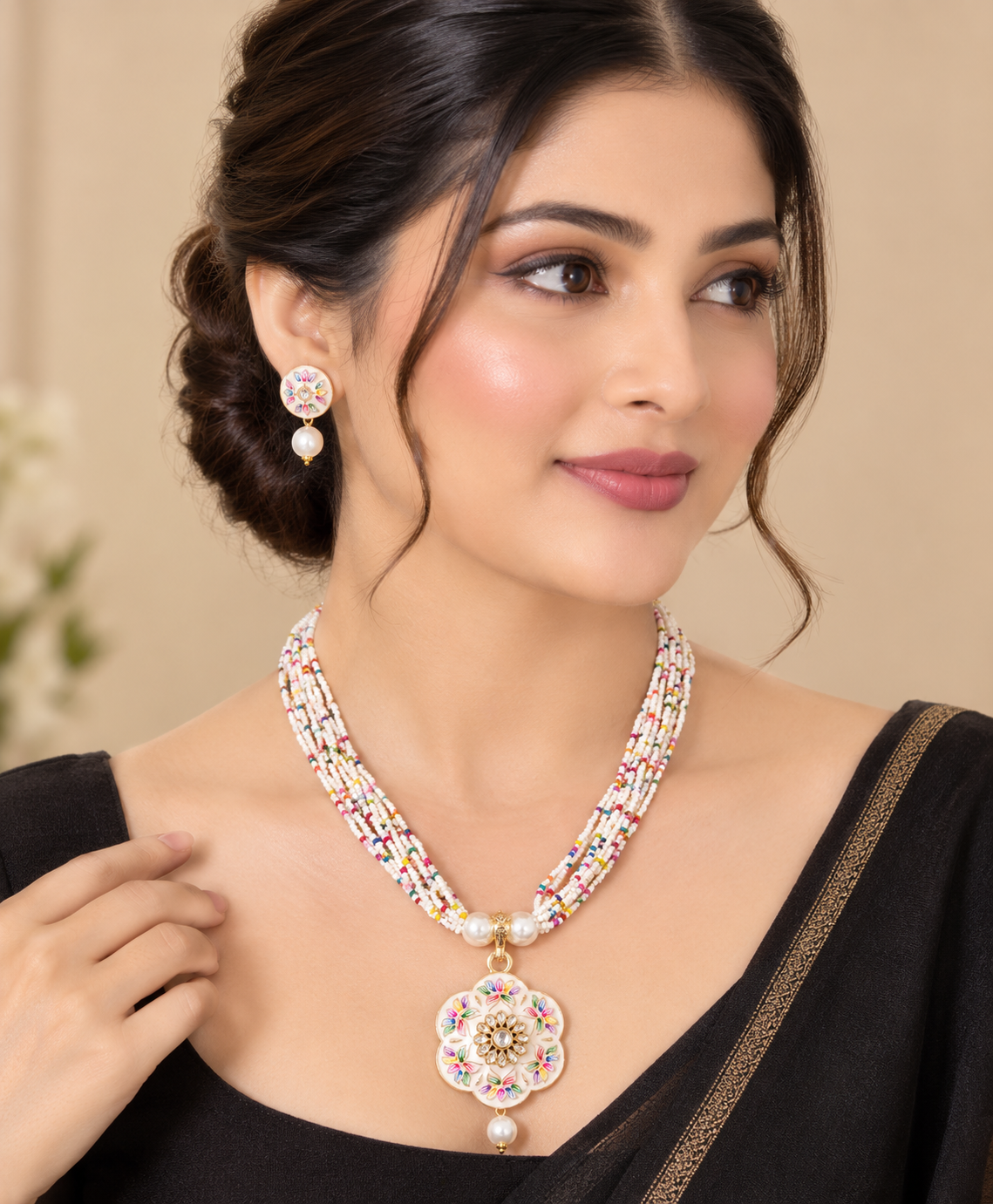 White Meenakari Multi-Strand Beaded Floral-Shaped Pendant Necklace Set with Stud earrings