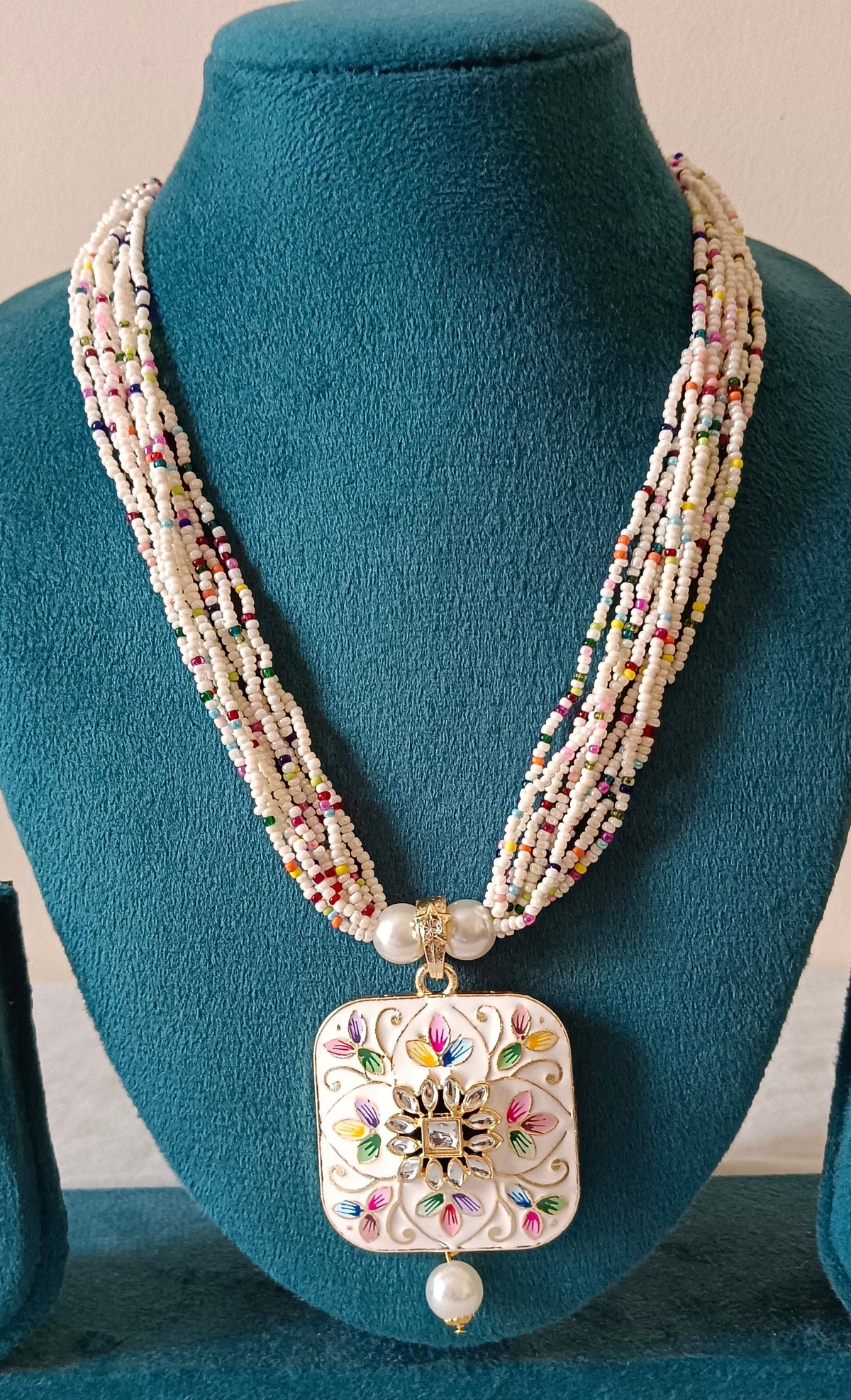 White Meenakari Multi-Strand Beaded Square-Shaped Pendant Necklace Set with Stud earrings