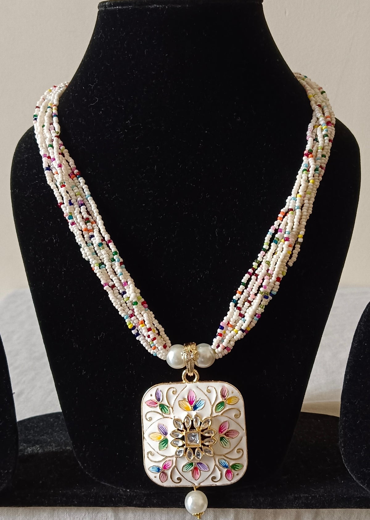 White Meenakari Multi-Strand Beaded Square-Shaped Pendant Necklace Set with Stud earrings