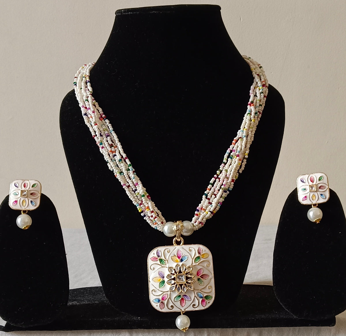 White Meenakari Multi-Strand Beaded Square-Shaped Pendant Necklace Set with Stud earrings